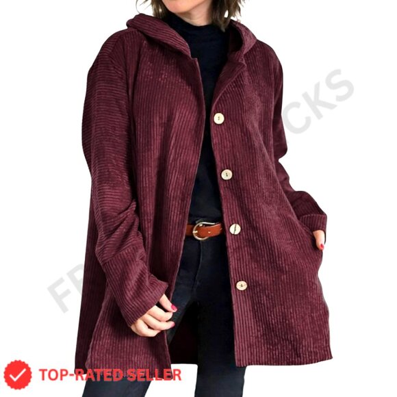 Corduroy Hooded Jacket Women's Casual Button Down Loose Fit with Pockets